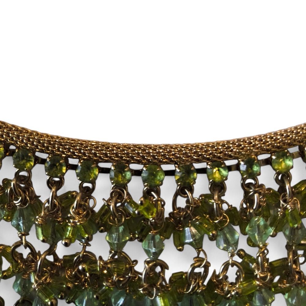 Green Beaded Bib Necklace Gold Tone Statement Necklace Boho Fringe Tassel - Picture 5 of 10